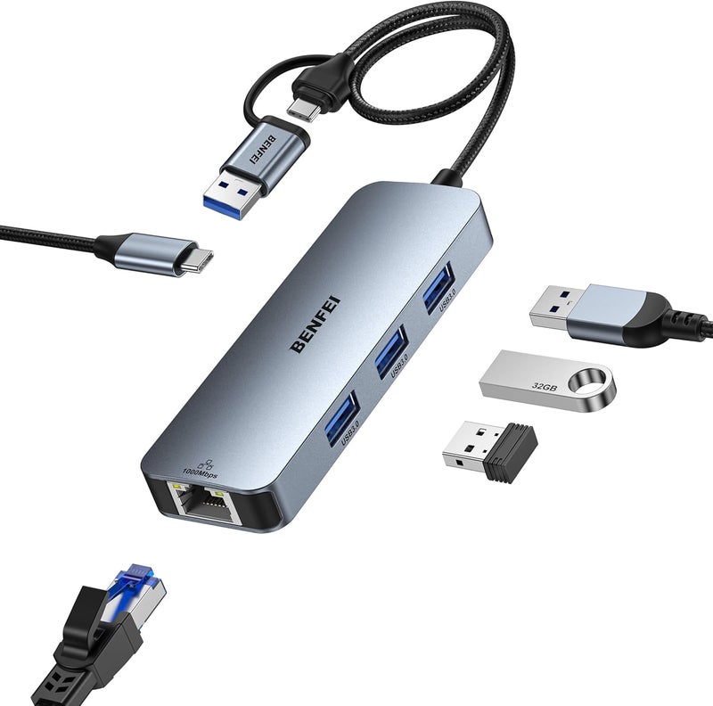 Benfei USB-C USB 3.0 to Gigabit Ethernet Adapter, 3-Port USB 3.0 Hub with RJ45 Compatible with MacBook Pro/Air 2023, iPad Pro, iMac, S23, XPS 17, Surface Book 3 and More - Image 1